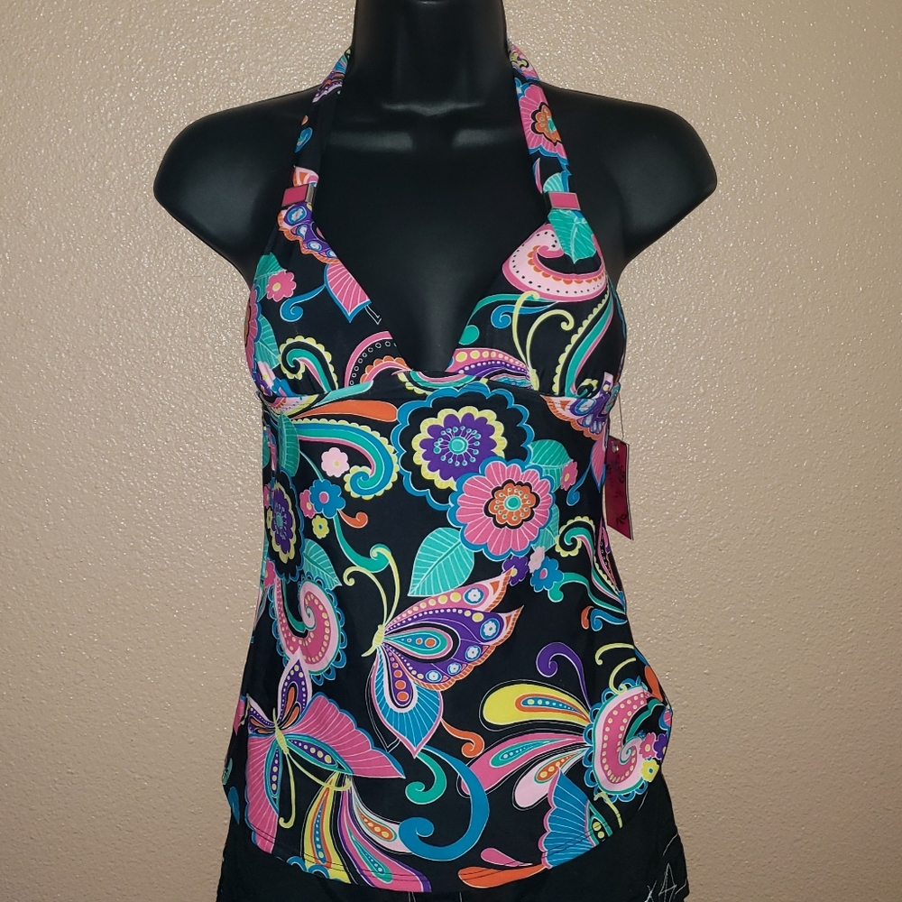CANDIE'S Bright Neon Colorful Rainbow Floral Butterfly Halter Tankini Top Sz XS - Picture 8 of 16